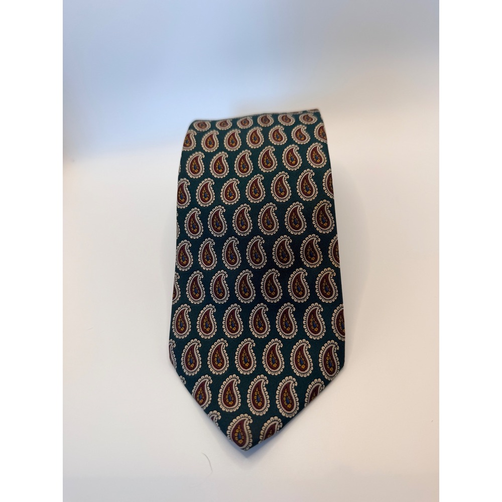 Lands End Mens Silk Paisley Necktie Forest Green Red Gold Long Handsewn USA